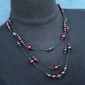 Triple Strand Metallic Maroon & Sparkle Necklace